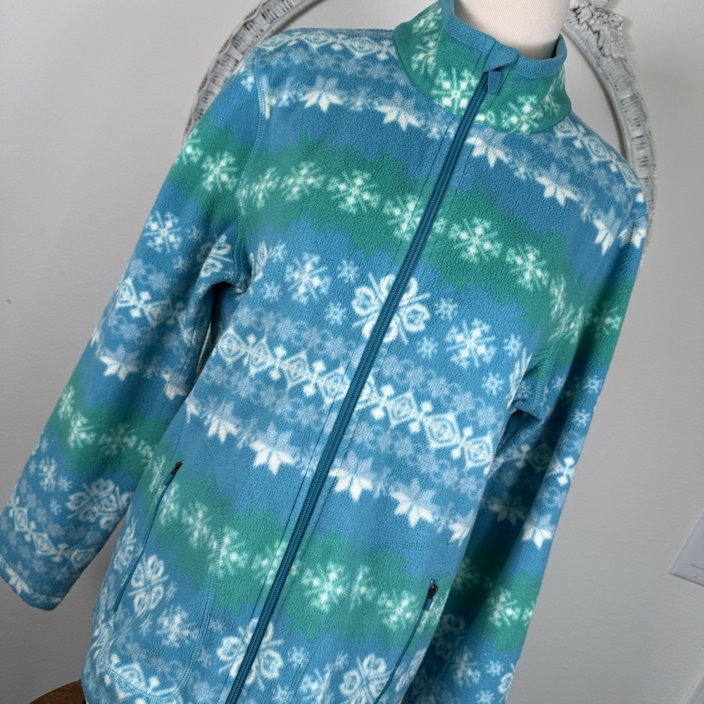 Talbots‎ Women's Full Zip Fleece Jacket Fair Isle Snowflake Pockets Turquoise L